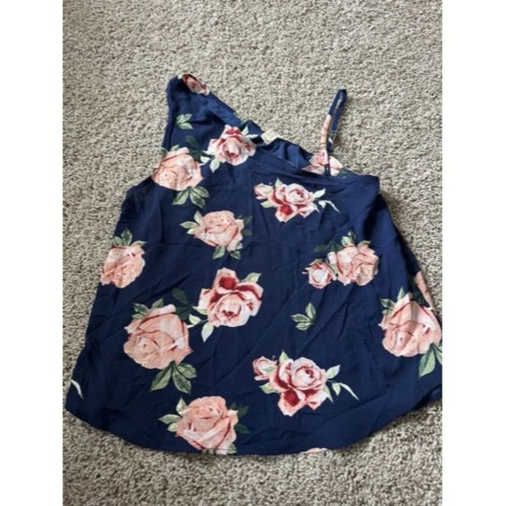 Seven Sisters Womens Blue Floral Ruffle Tank One Shoulder Top Size Large Casual